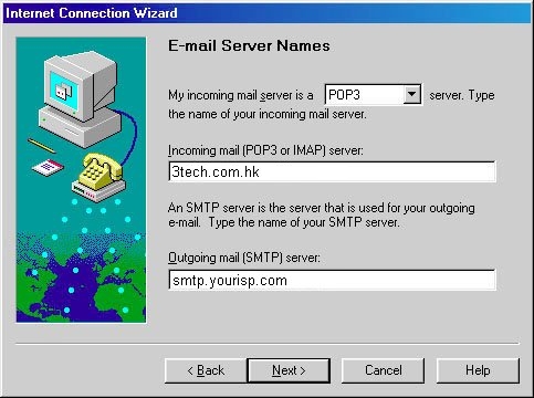 Enter POP3 and SMTP server address