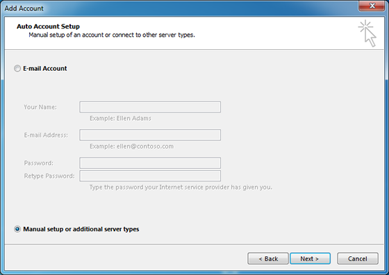 Click "Manual setup or additional server types" and then click "Next".